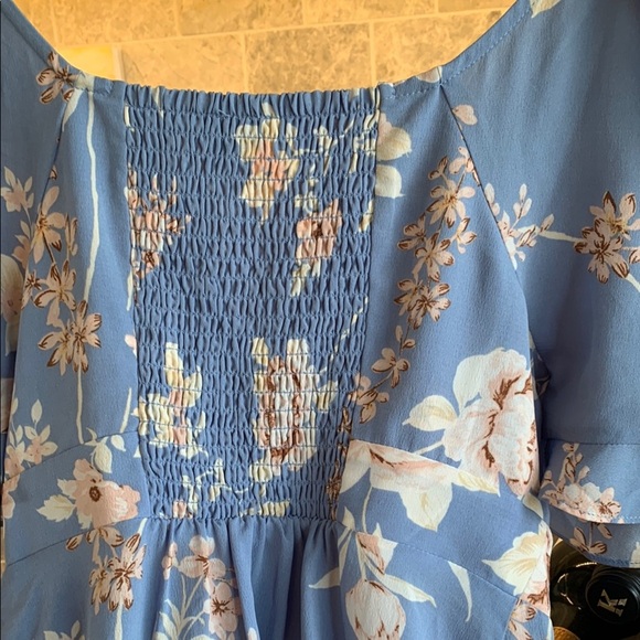 Blue and White V-Neck Flutter Sleeve Dress - Picture 3 of 4